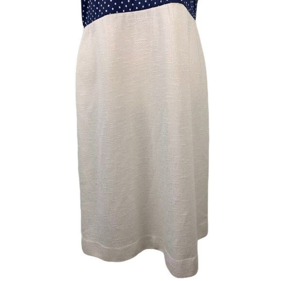 Vintage Polka Dot Linen Blend Dress M Blue White Zip V Neck Collar Rockabilly - Picture 3 of 7